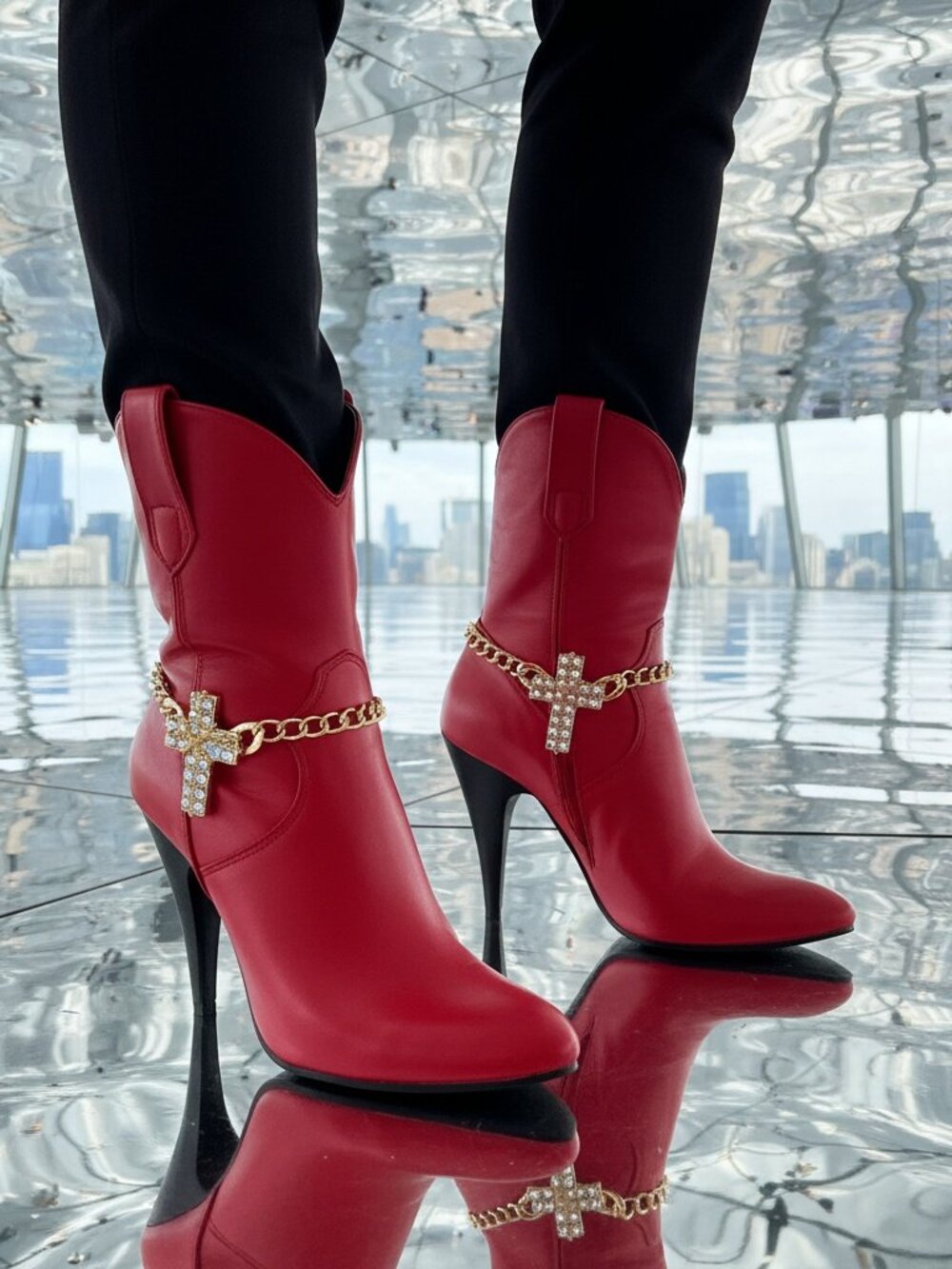 NEW Women Fashion Boot Gold Chain Bracelet PAIR Shoe Cross Bling Charm HANDMADE